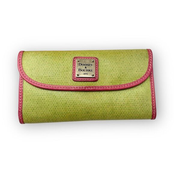 Dooney & Bourke Embossed Woven Leather Trifold Wallet Green Pink Red - Picture 1 of 11
